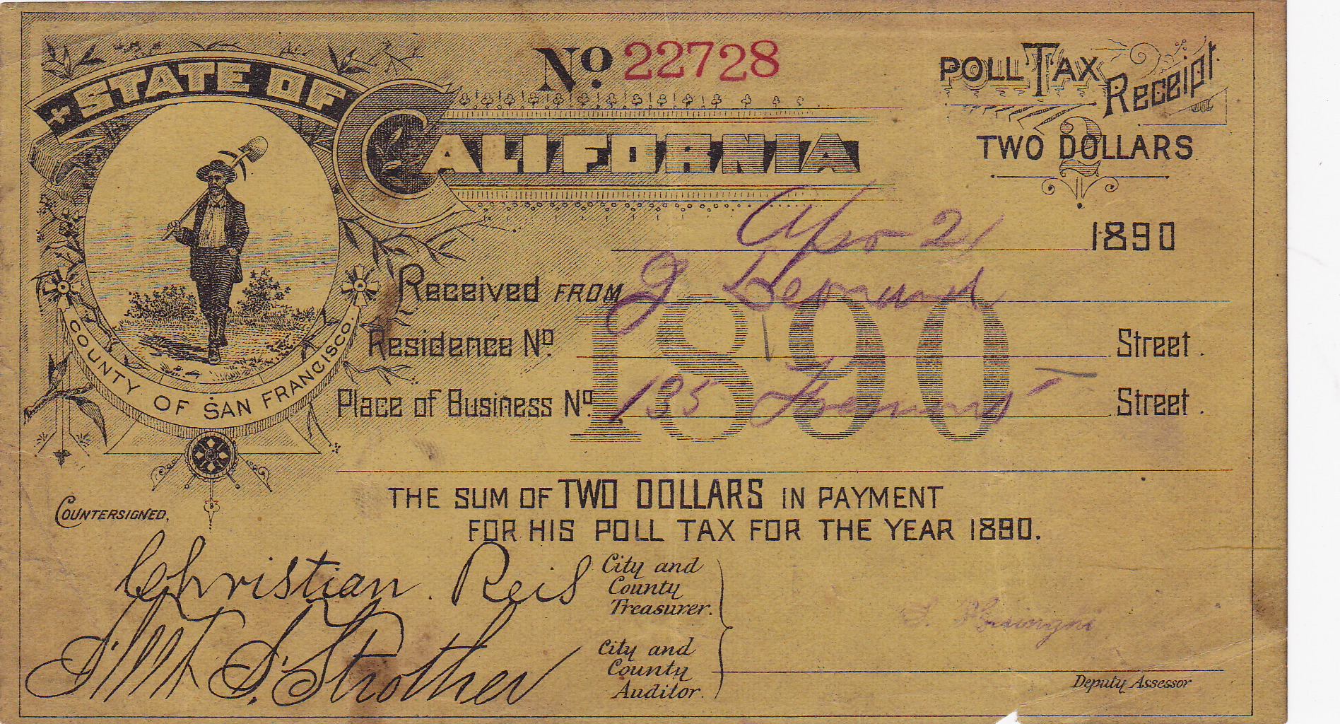 McIntyre Sullivan Family History Leonard, James 1890 Poll Tax receipt